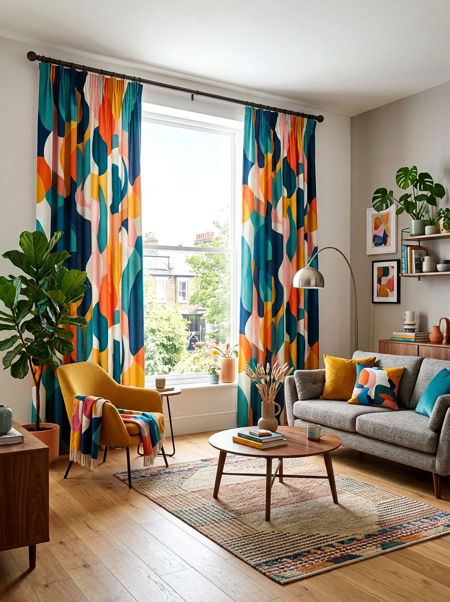 Abstract Print Curtains - 30 statement drapes living room ideas