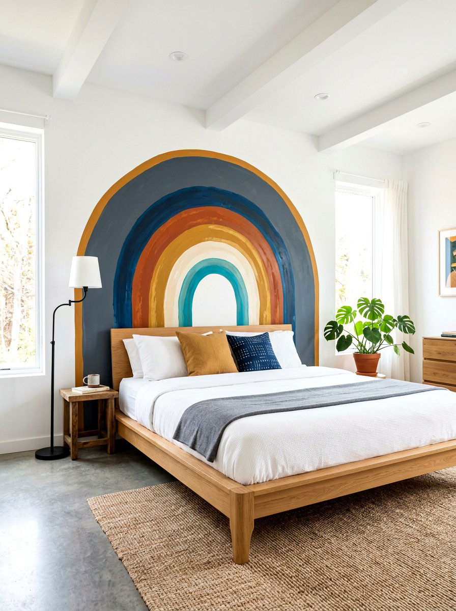 Abstract Rainbow Headboard - 30 muted rainbow bedroom ideas
