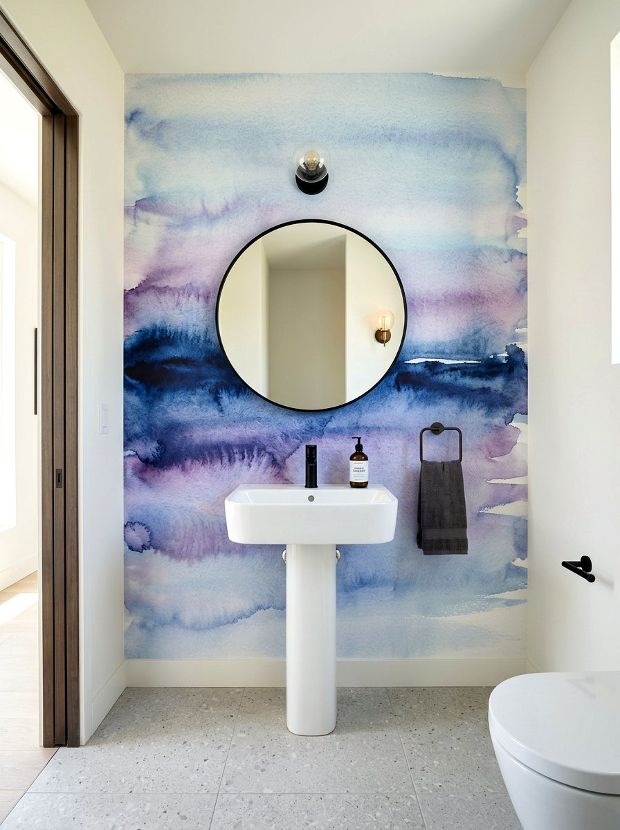 Abstract Watercolor Horizon Mural - 30 landscape mural powder room ideas