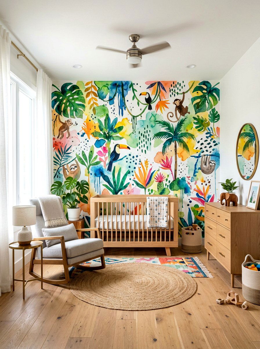 Abstract Watercolor Jungle Mural - 30 safari wall mural nursery ideas