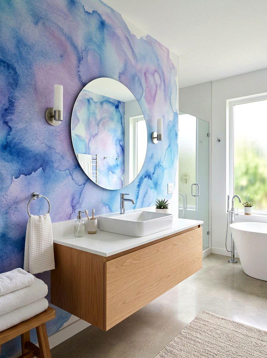Abstract Watercolor Mural Bathroom - 30 murals in powder room ideas