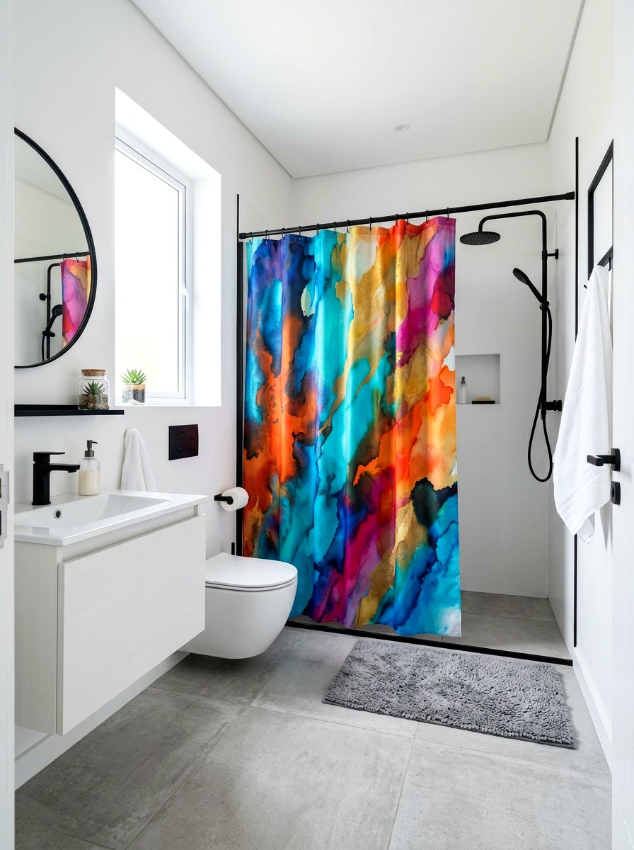 Abstract art shower curtain - 30 shower curtain bathroom ideas