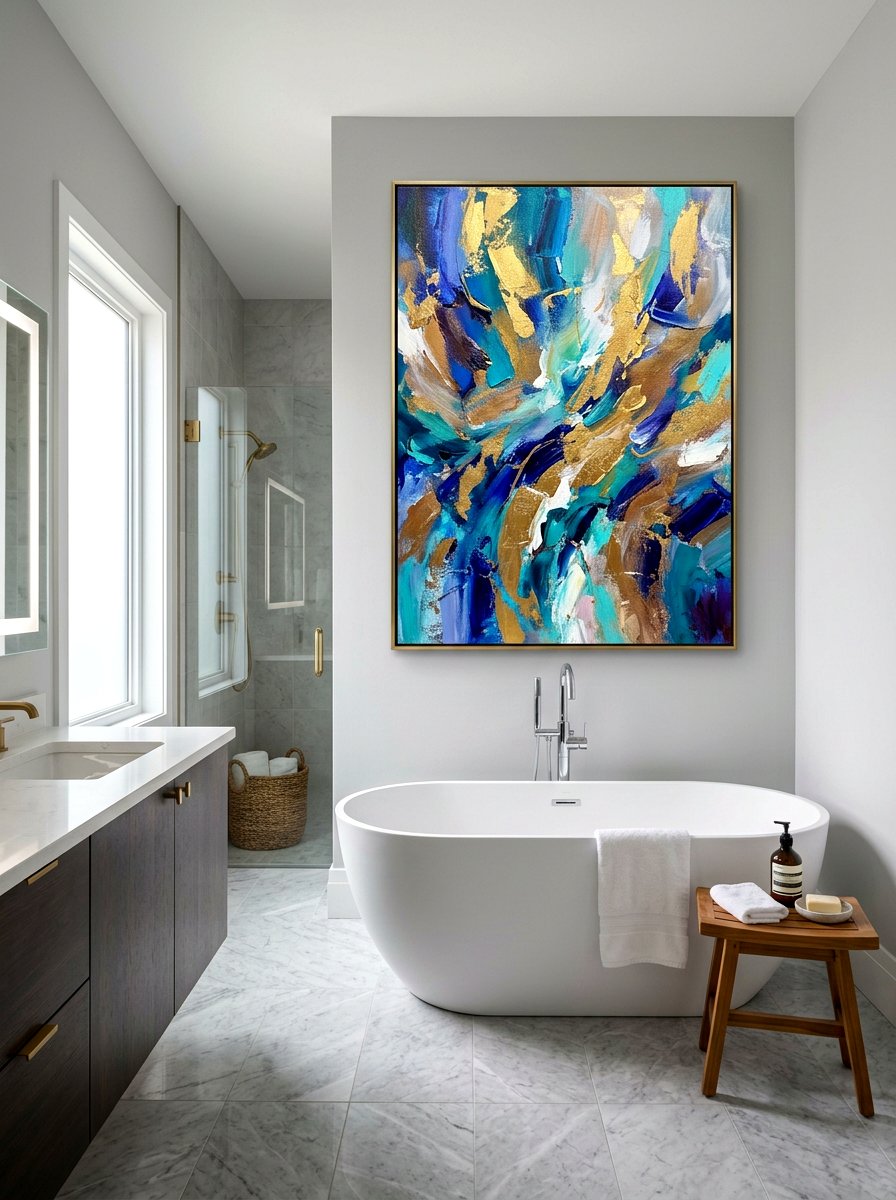 Abstract canvas painting bathroom - 30 bathroom wall decor ideas
