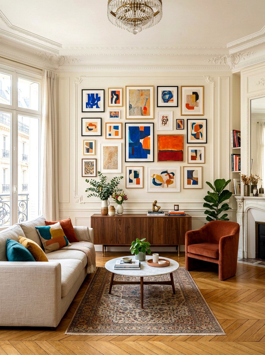 Abstract gallery wall art - 30 Parisian living room ideas