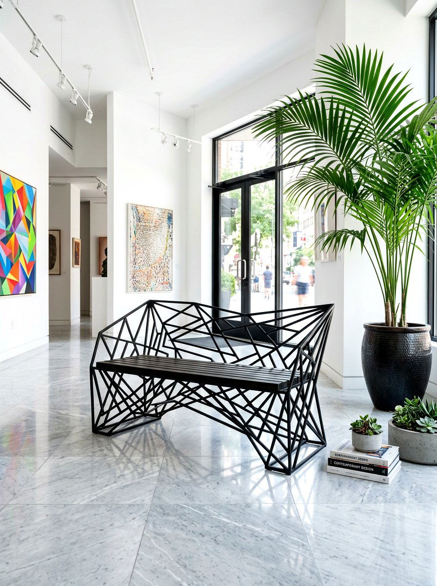 Abstract metal entry bench - 30 sculptural entry bench ideas