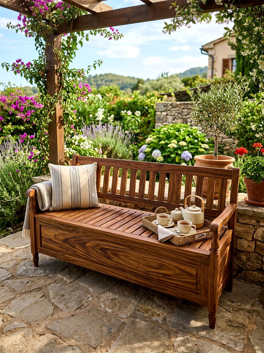 Acacia Wood Storage Bench - 30 outdoor storage bench ideas