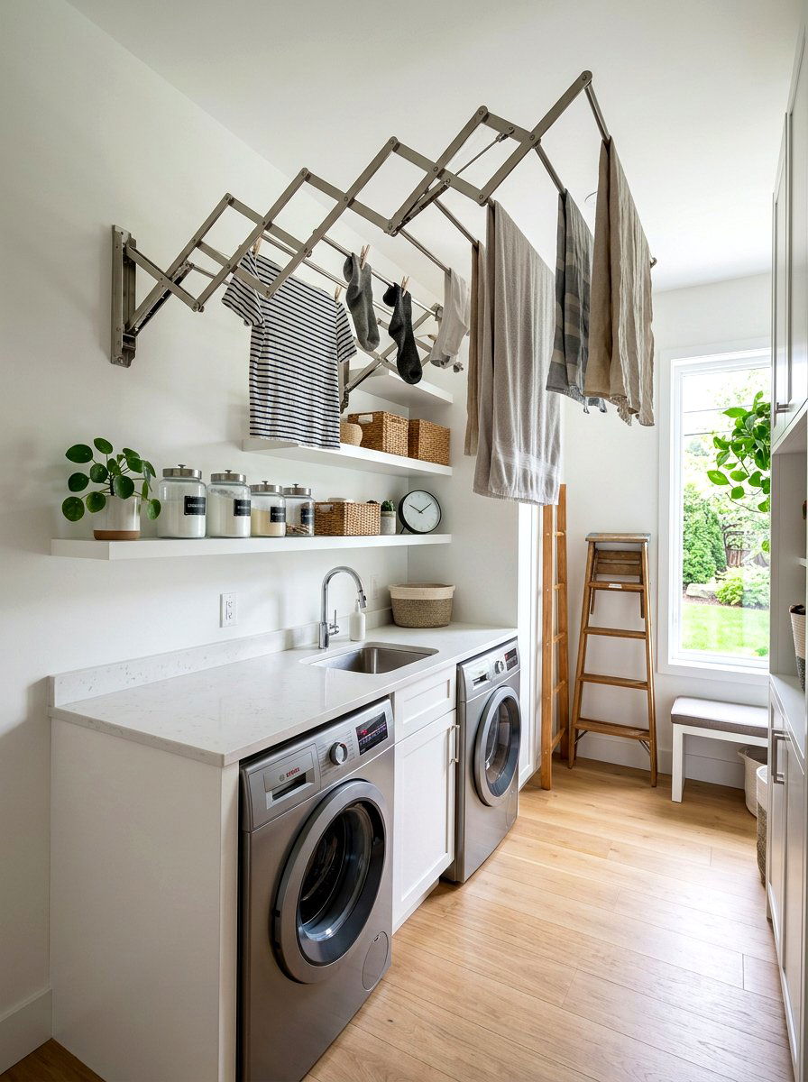 Accordion drying rack laundry - 30 laundry room hanging rod ideas