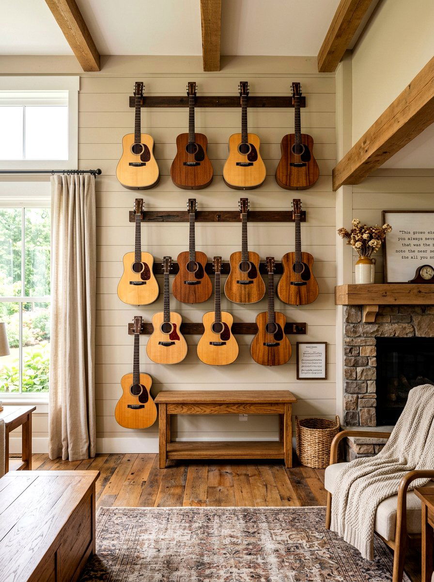 Acoustic guitar wall display - 30 guitar wall display ideas