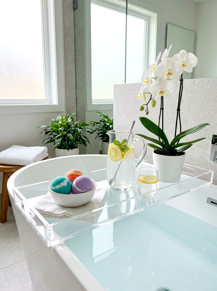 Acrylic Clear Tub Shelf - 30 bath tray spa ideas