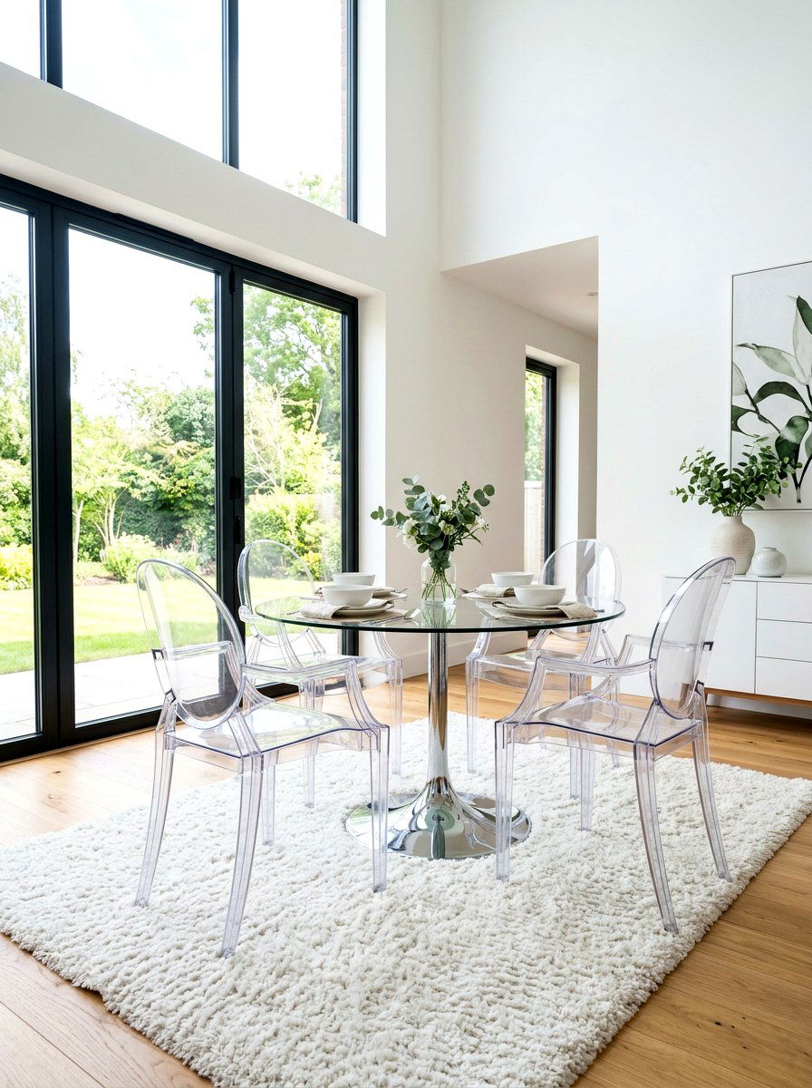 Acrylic Ghost Chairs - 30 tiny dining nook apartment ideas