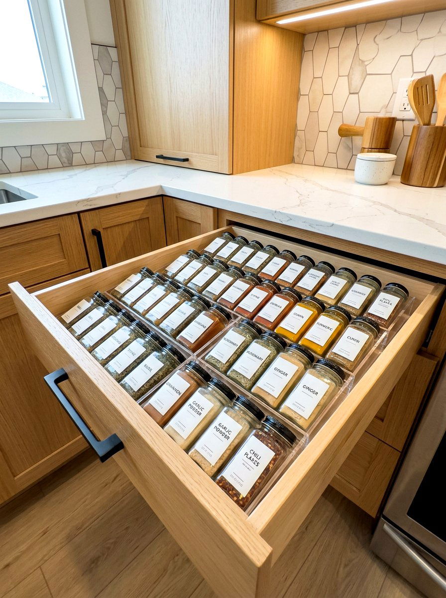 Acrylic Spice Drawer Insert - 30 organizing kitchen drawers ideas