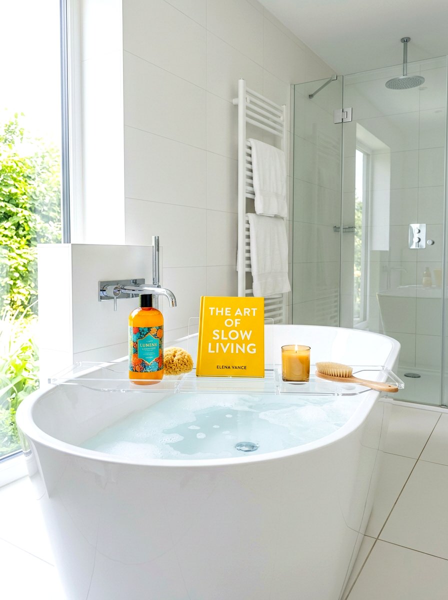 Acrylic bathtub caddy - 30 tub tray styling ideas