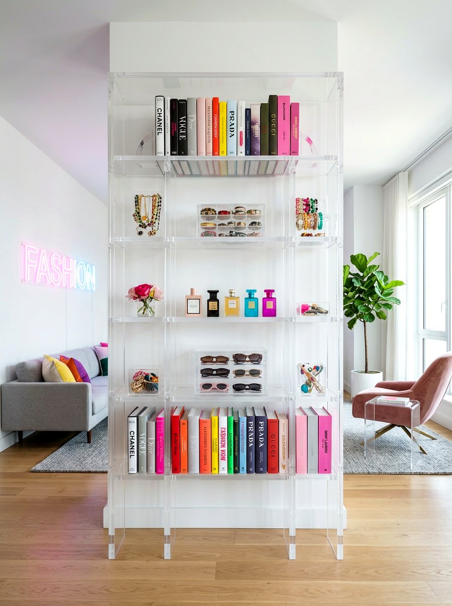 Acrylic clear shelving - 30 office shelving styling ideas