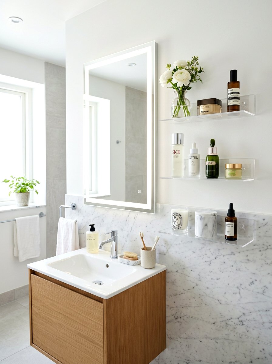 Acrylic floating wall shelf - 30 renter safe bathroom shelf ideas