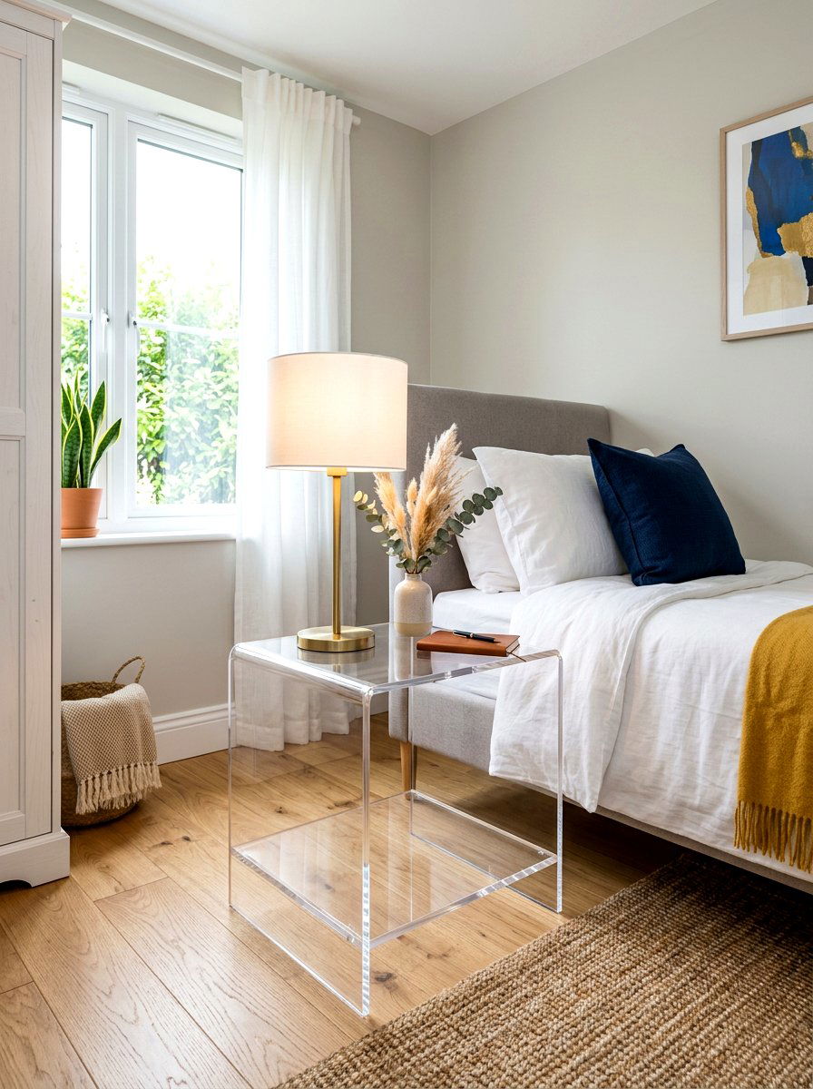 Acrylic transparent side table - 30 guest room nightstand ideas