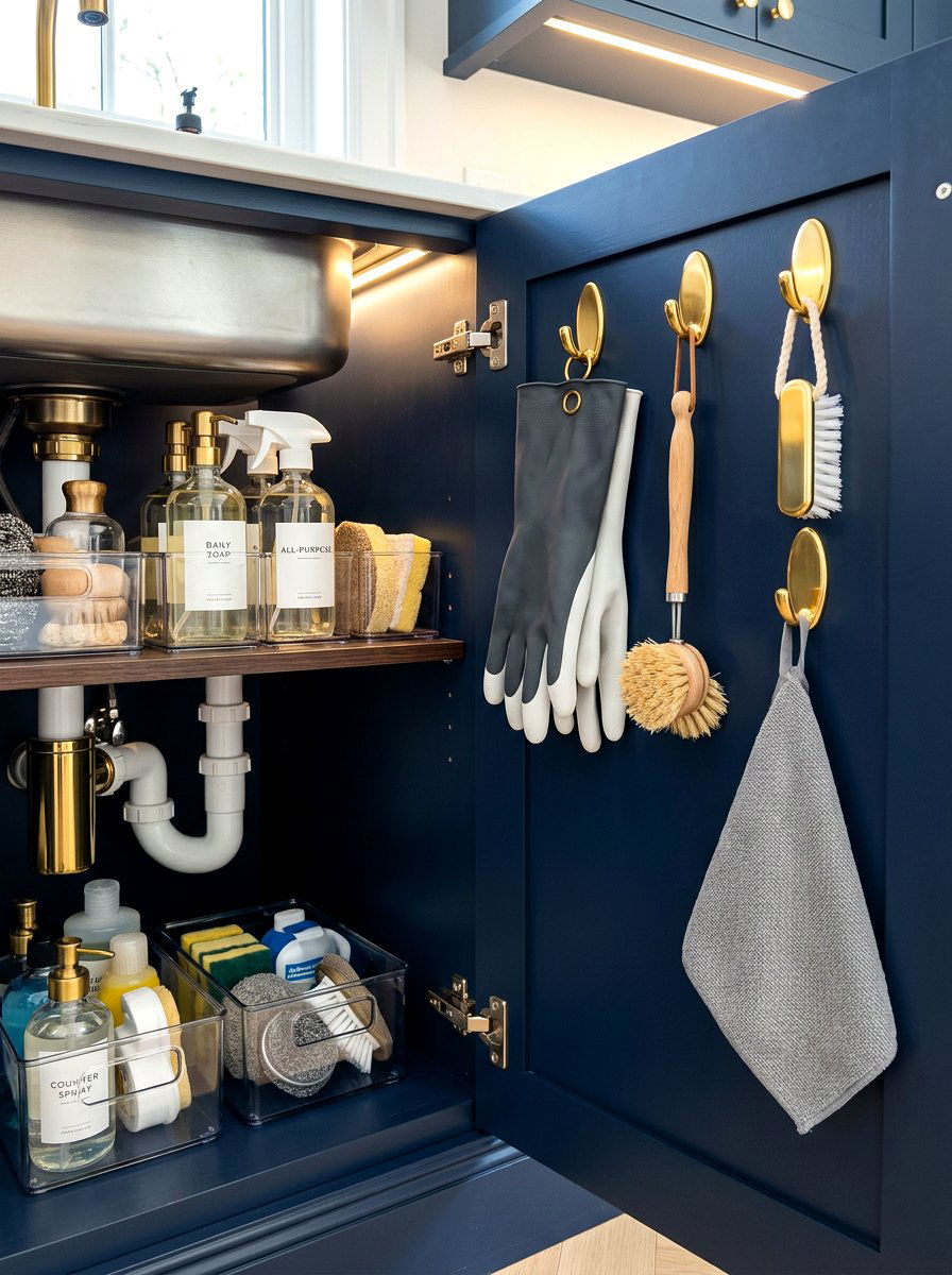 Adhesive Hook Wall Organization - 30 under sink kitchen organization ideas