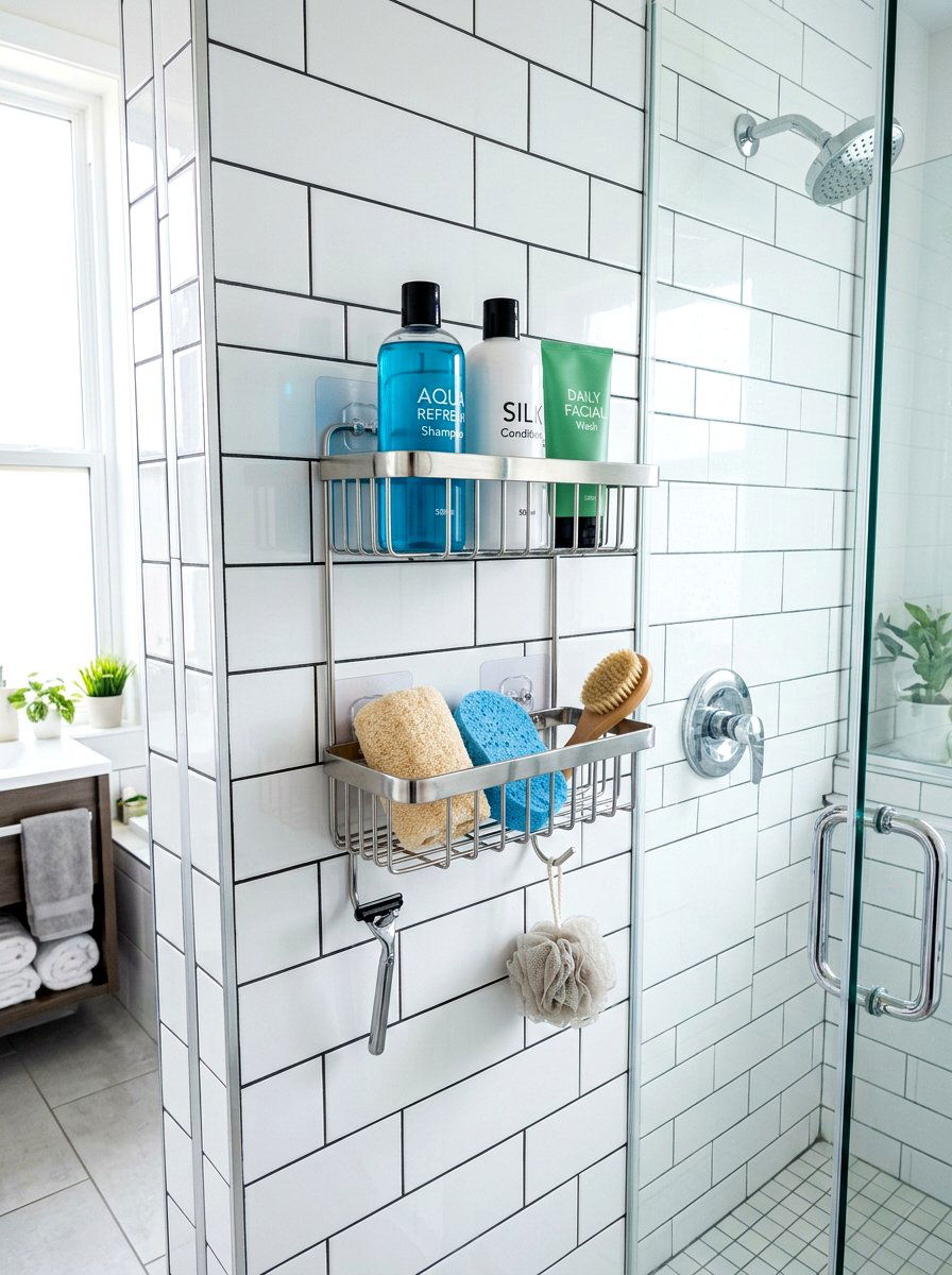 Adhesive Shower Caddy Organizer - 30 small rental bathroom ideas