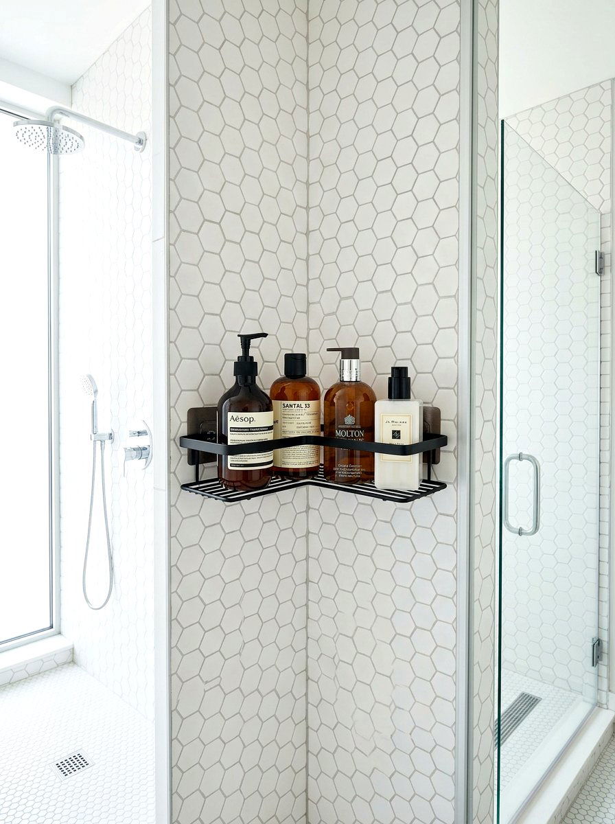 Adhesive corner shower caddy - 30 renter safe bathroom shelf ideas