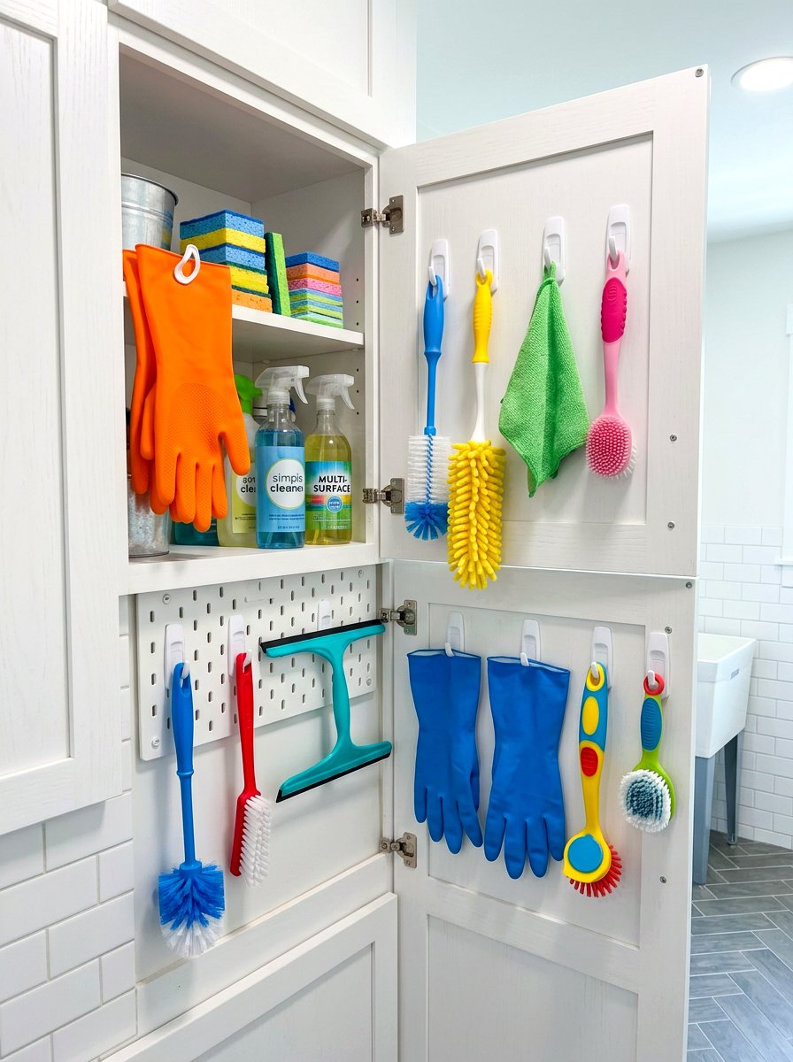 Adhesive hooks for small tools - 30 organizing under sink storage ideas