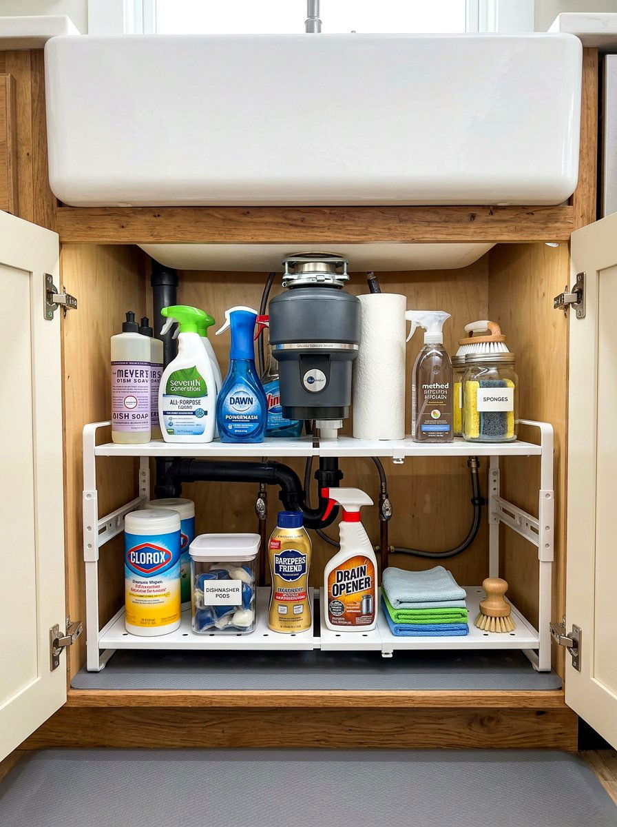 Adjustable Multi Tier Shelf Setup - 30 under sink kitchen organization ideas