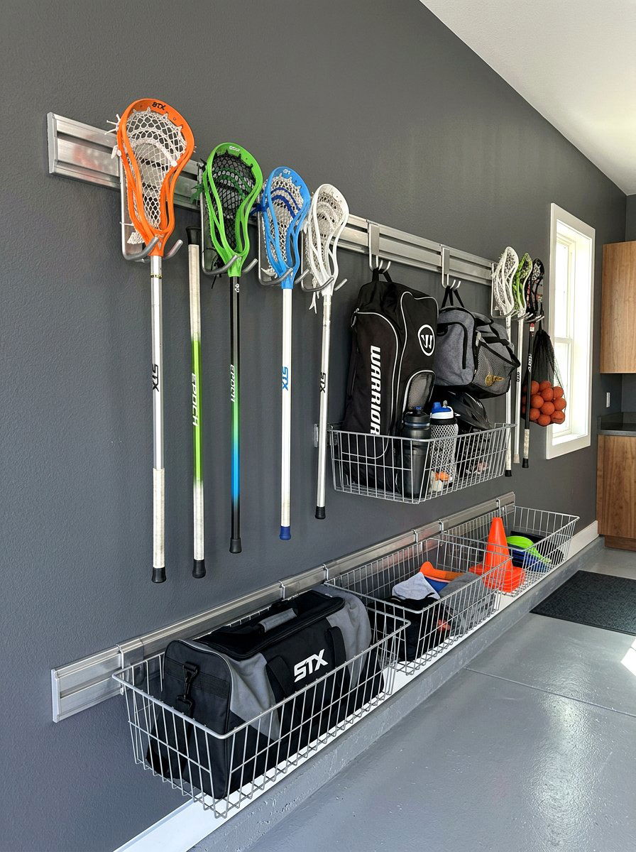 Adjustable Wall Track Storage System - 30 garage sports equipment storage ideas
