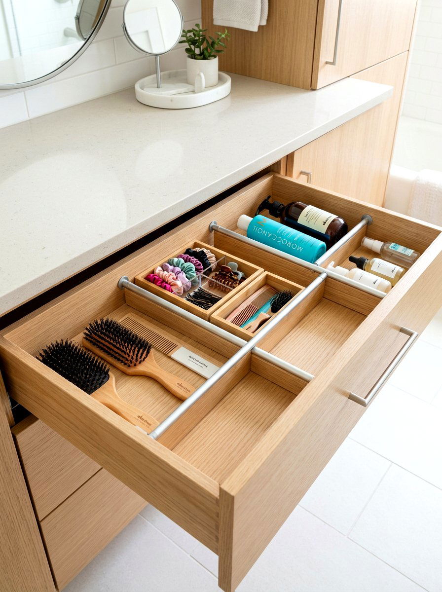 Adjustable drawer tension rods - 30 vanity drawer organization ideas