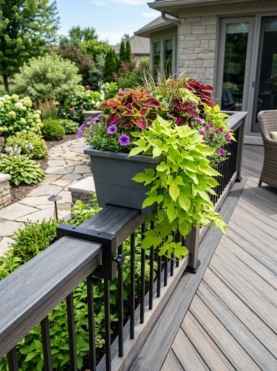 Adjustable railing plant bracket - 30 railing planter ideas