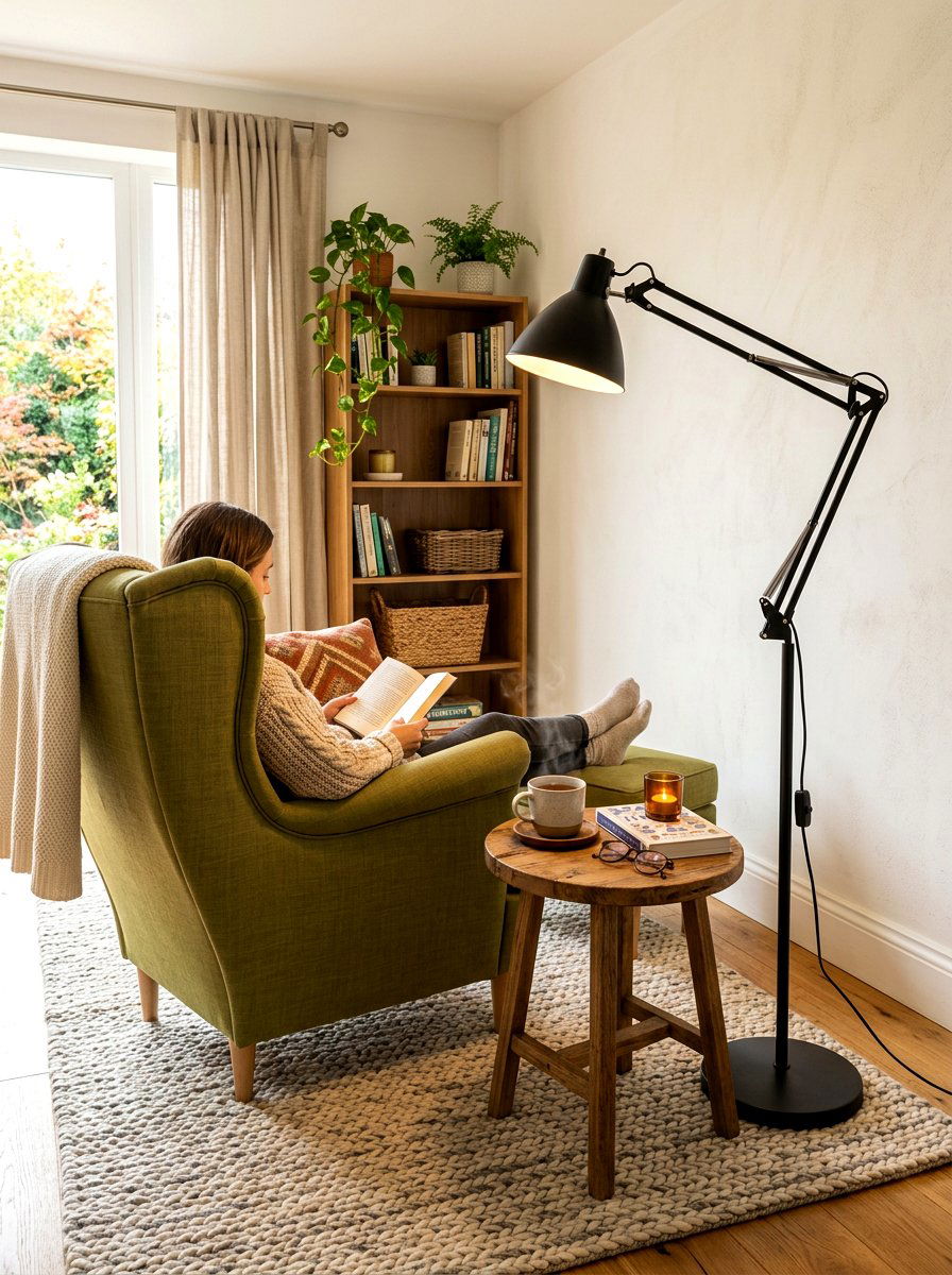 Adjustable task floor lamp - 30 cozy lamp lit living room ideas