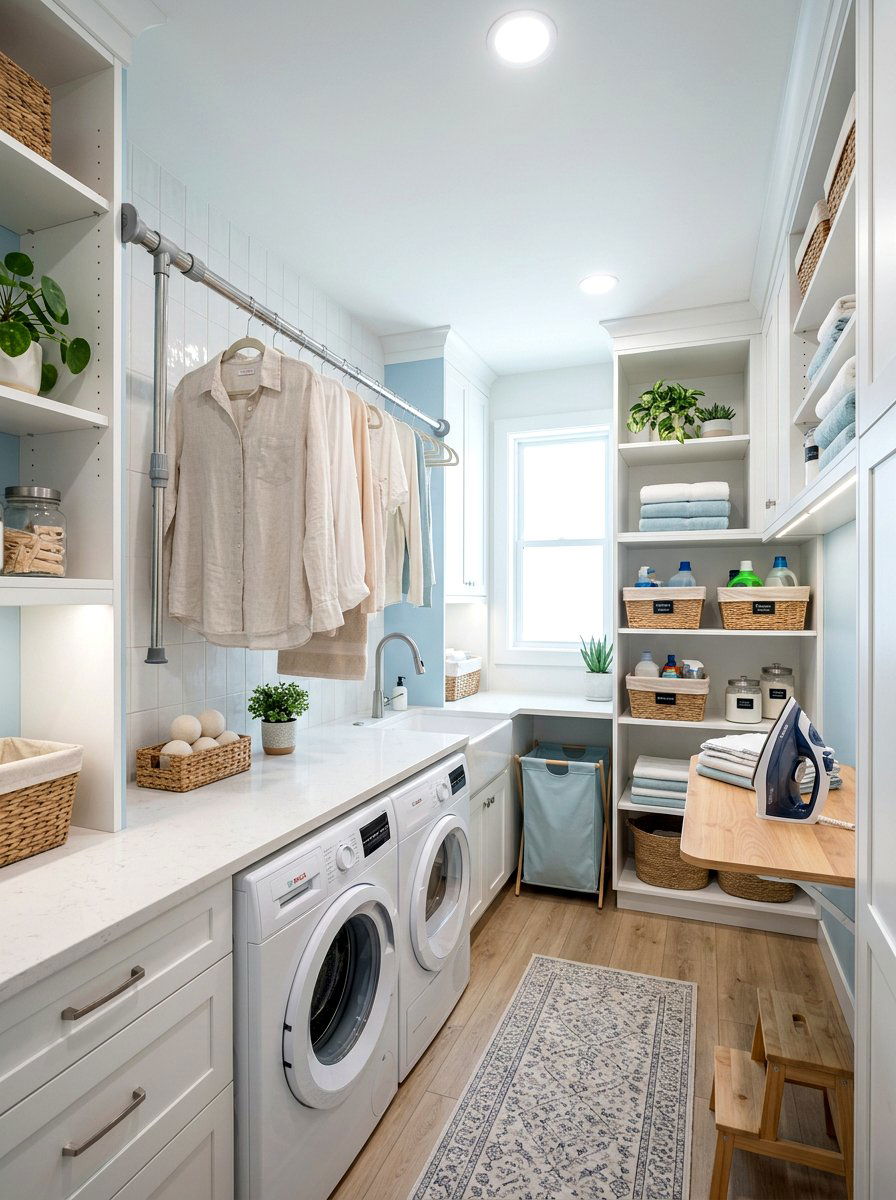 Adjustable tension rod laundry - 30 laundry room hanging rod ideas