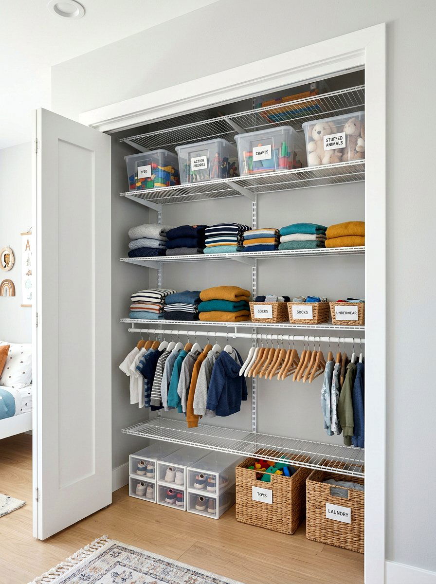 Adjustable wire shelving - 30 kids closet system ideas