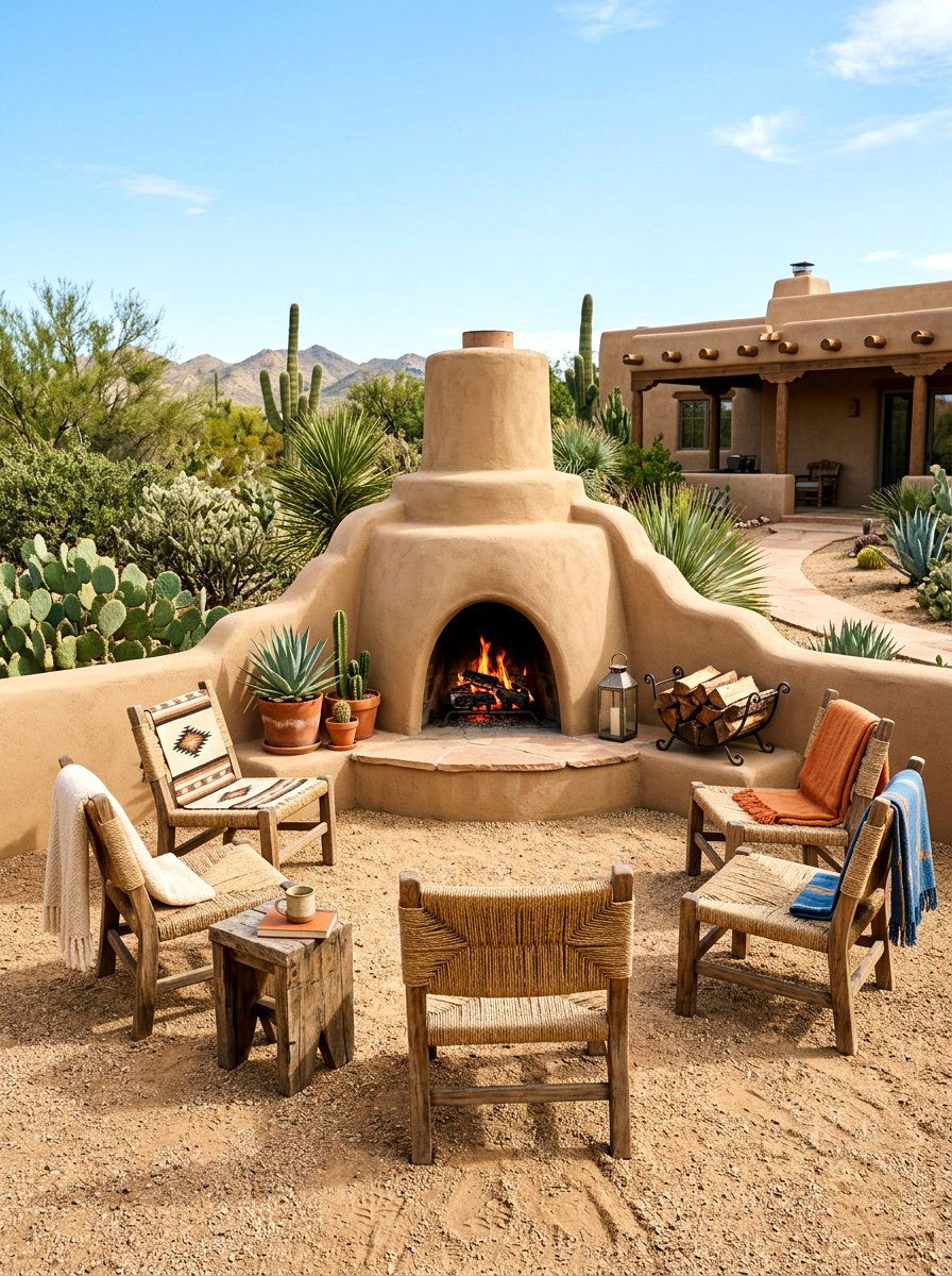 Adobe Style Outdoor Fireplace - 30 sunset inspired patio ideas