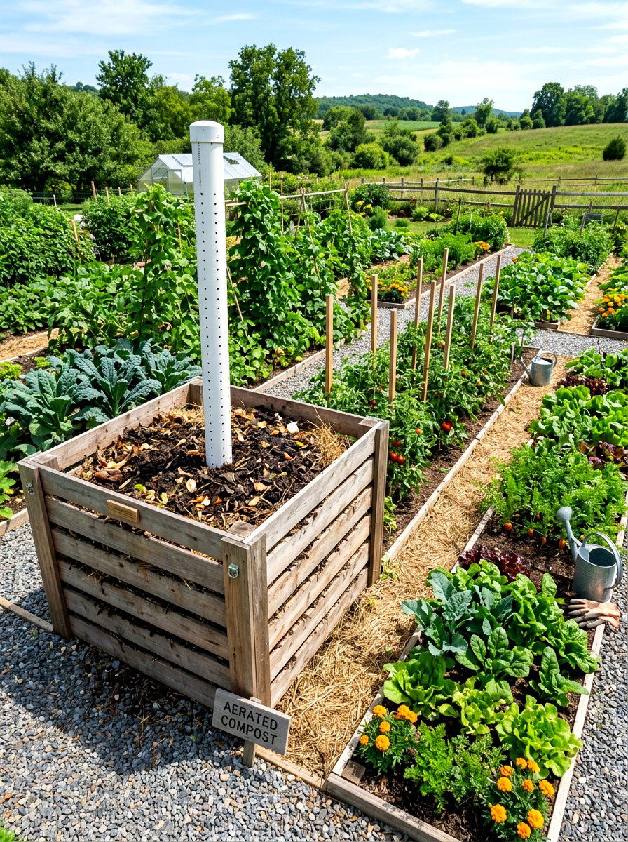 Aerated pipe compost system - 30 compost corner garden ideas