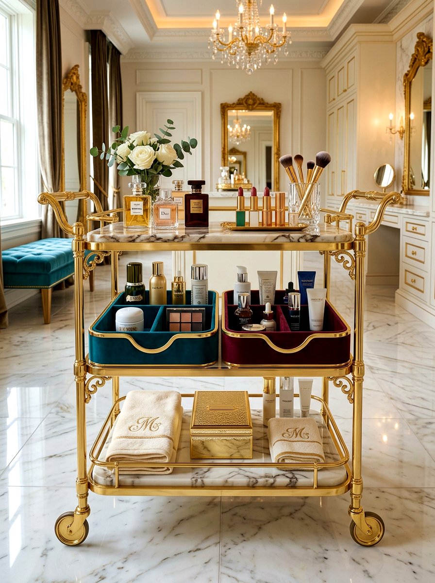 Aesthetic Gold Cart For Luxury Makeup Storage - 30 beauty cart organization ideas