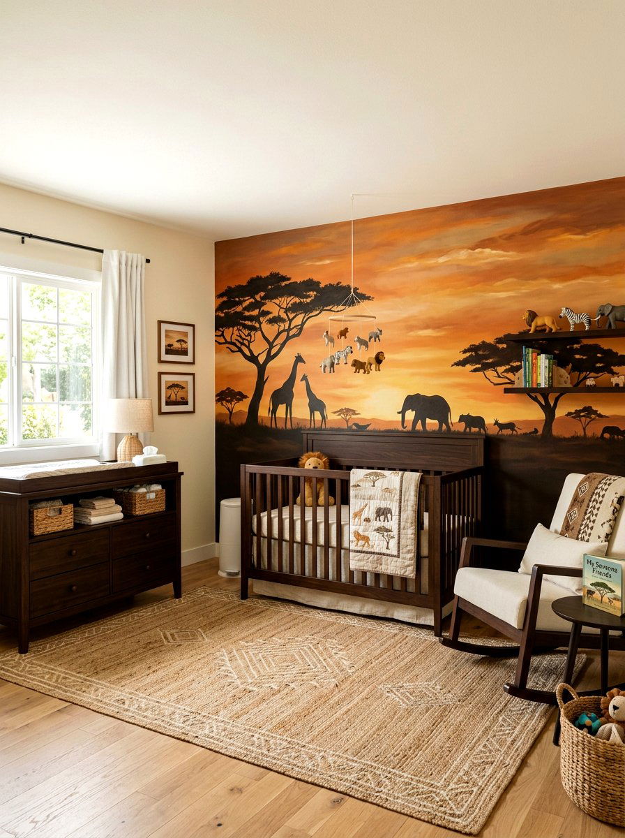 African Savanna Landscape Mural - 30 safari wall mural nursery ideas