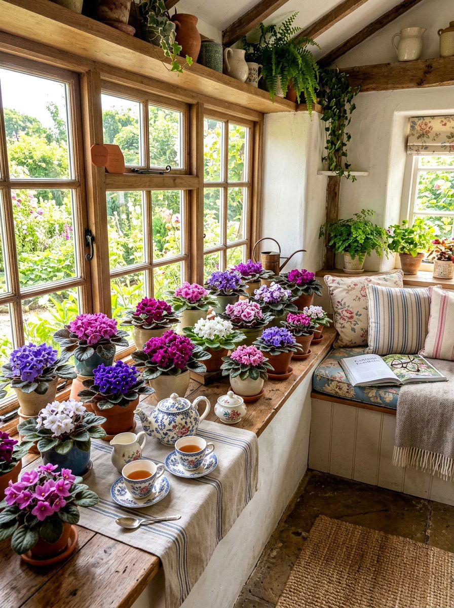 African Violet Display - 30 sunroom plant ideas
