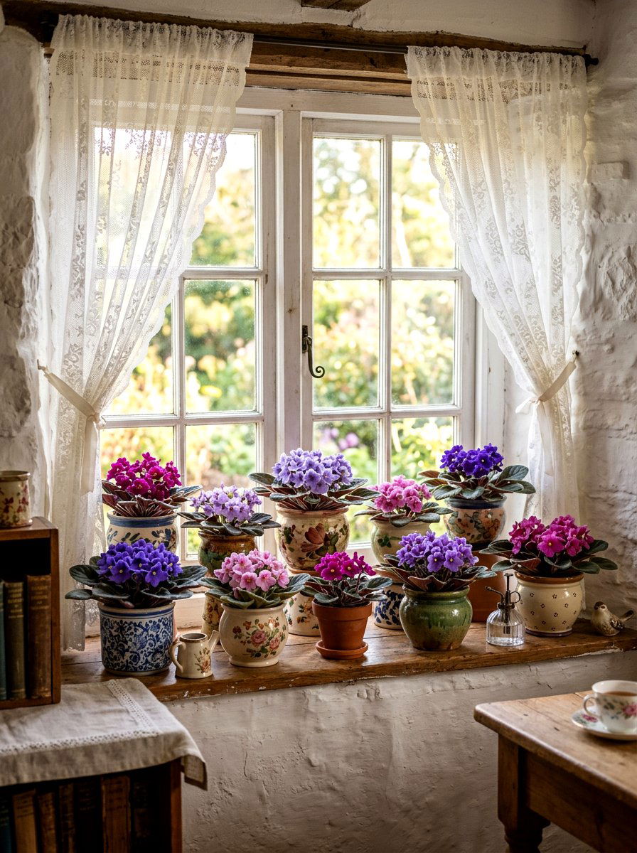 African Violet Window Display - 30 windowsill planter ideas