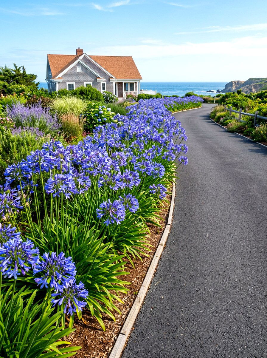 Agapanthus tall flower border - 30 walkway border planting ideas