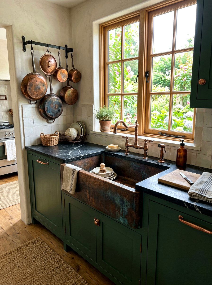 Aged Copper Kitchen Sink - 30 moody cottage kitchen ideas