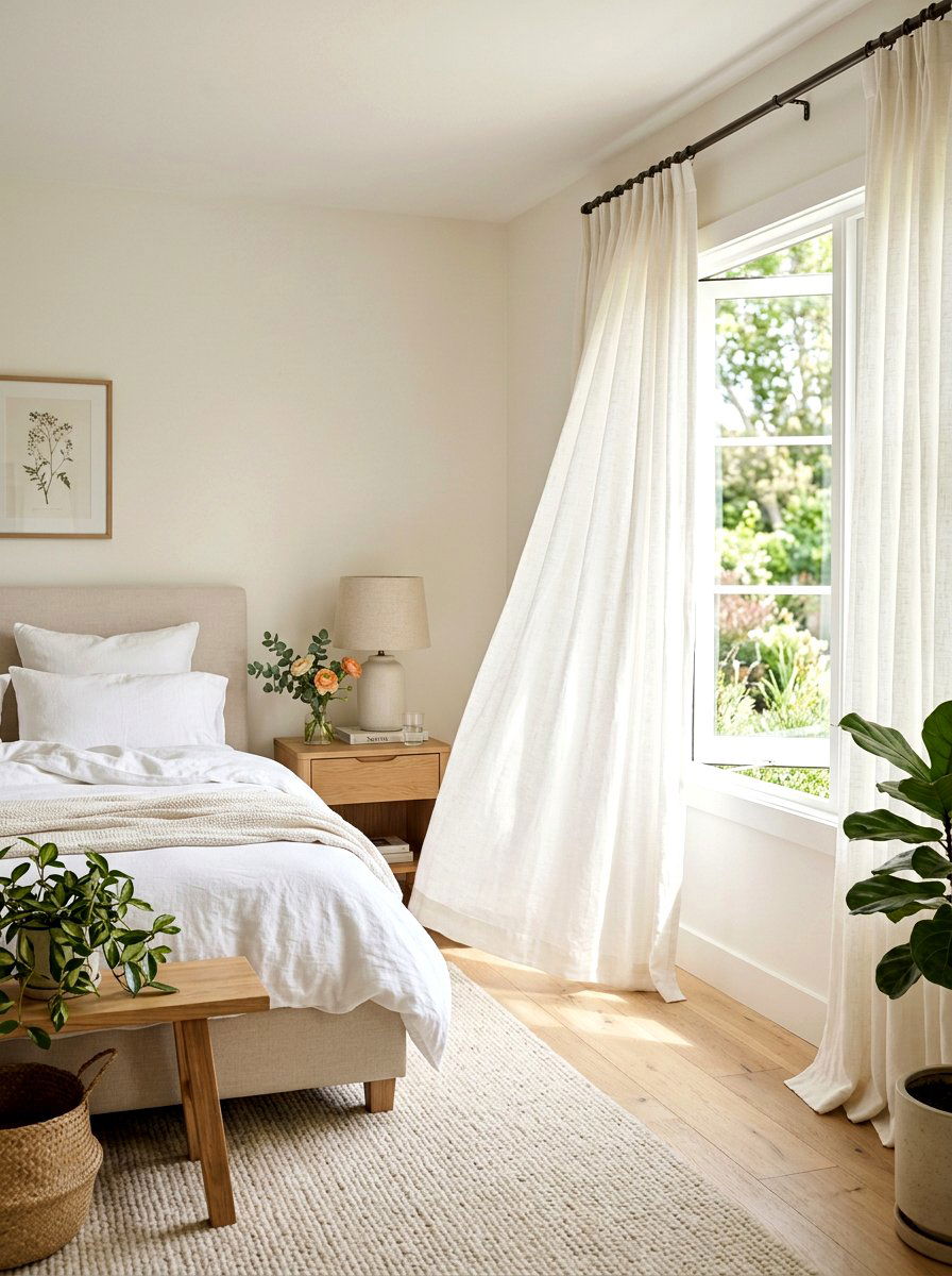 Airy linen bedroom curtains - 30 coastal grandmother decor ideas