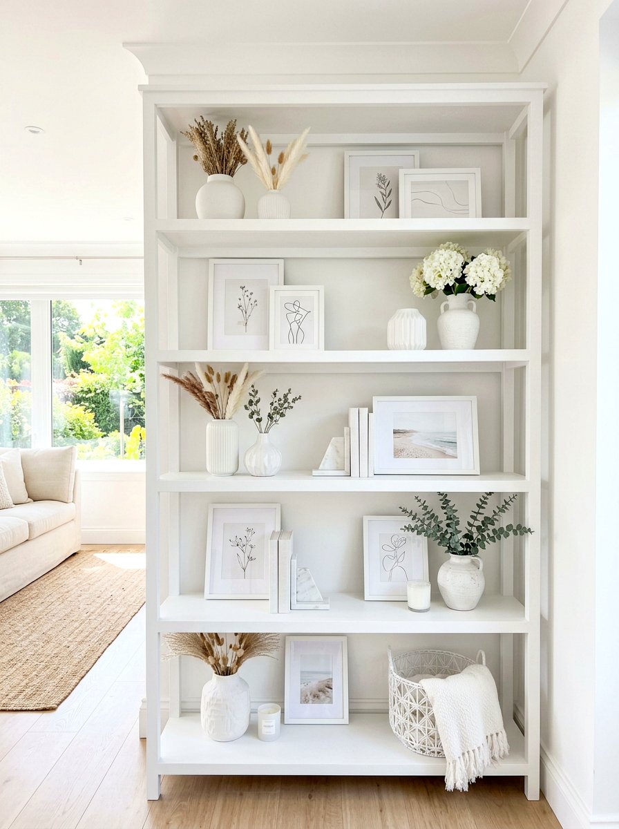 Airy white shelf - 30 summer shelf decor ideas