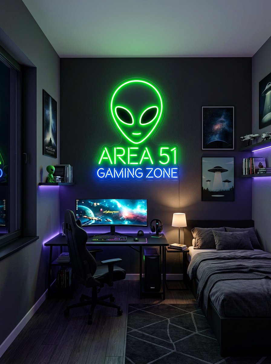 Alien Theme Neon Sign - 30 space themed bedroom ideas