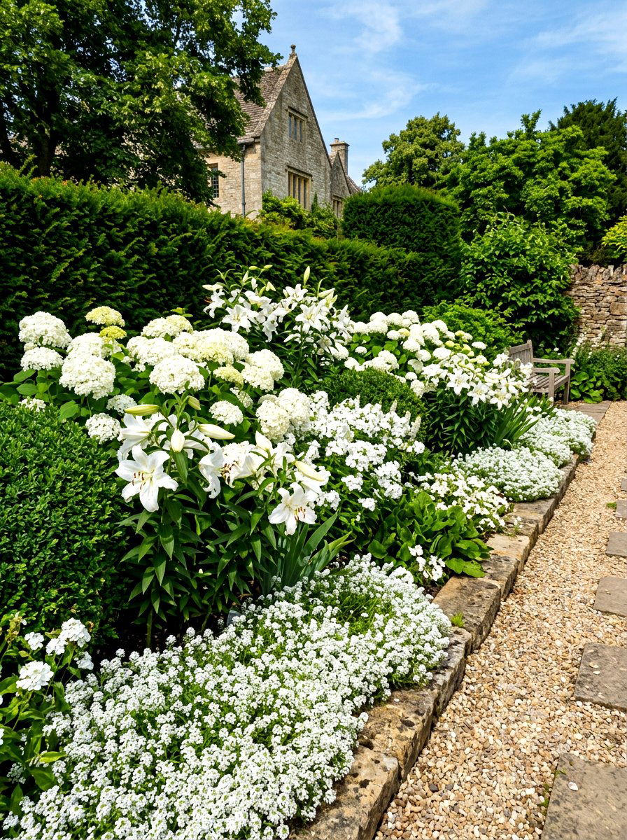 All White Flower Bed - 30 flower bed color ideas