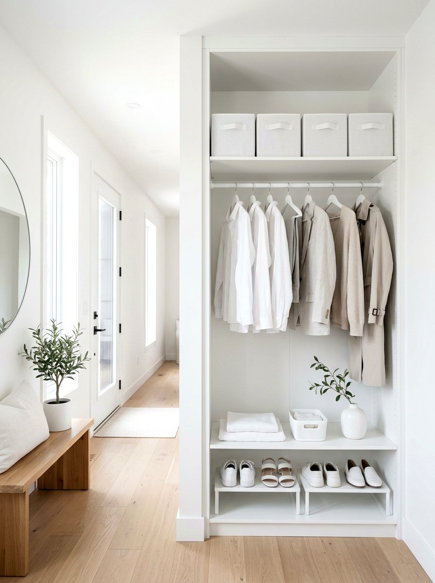 All White Minimalist Closet - 30 coat closet organization ideas