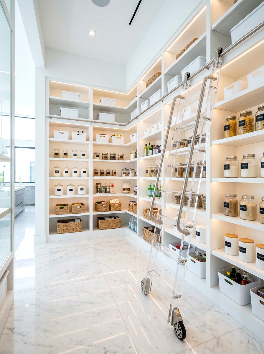 All White Pantry With Clear Acrylic Ladder - 30 pantry with library ladder ideas