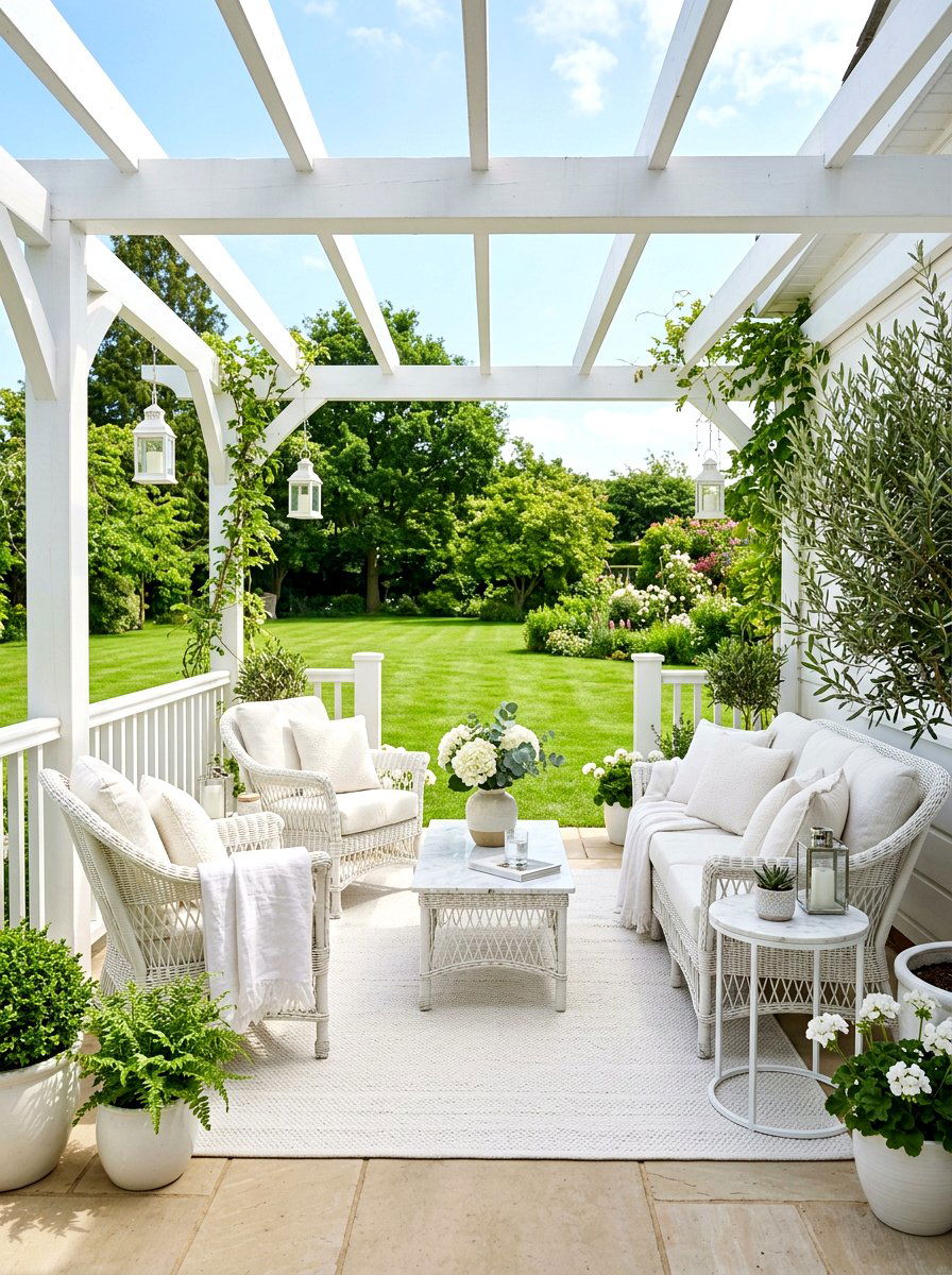 All White Patio - 30 covered patio lounge ideas