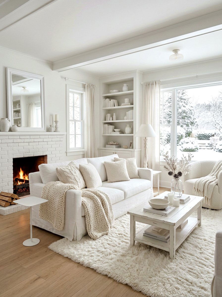All White Winter Living Room - 30 cozy winter lounge ideas