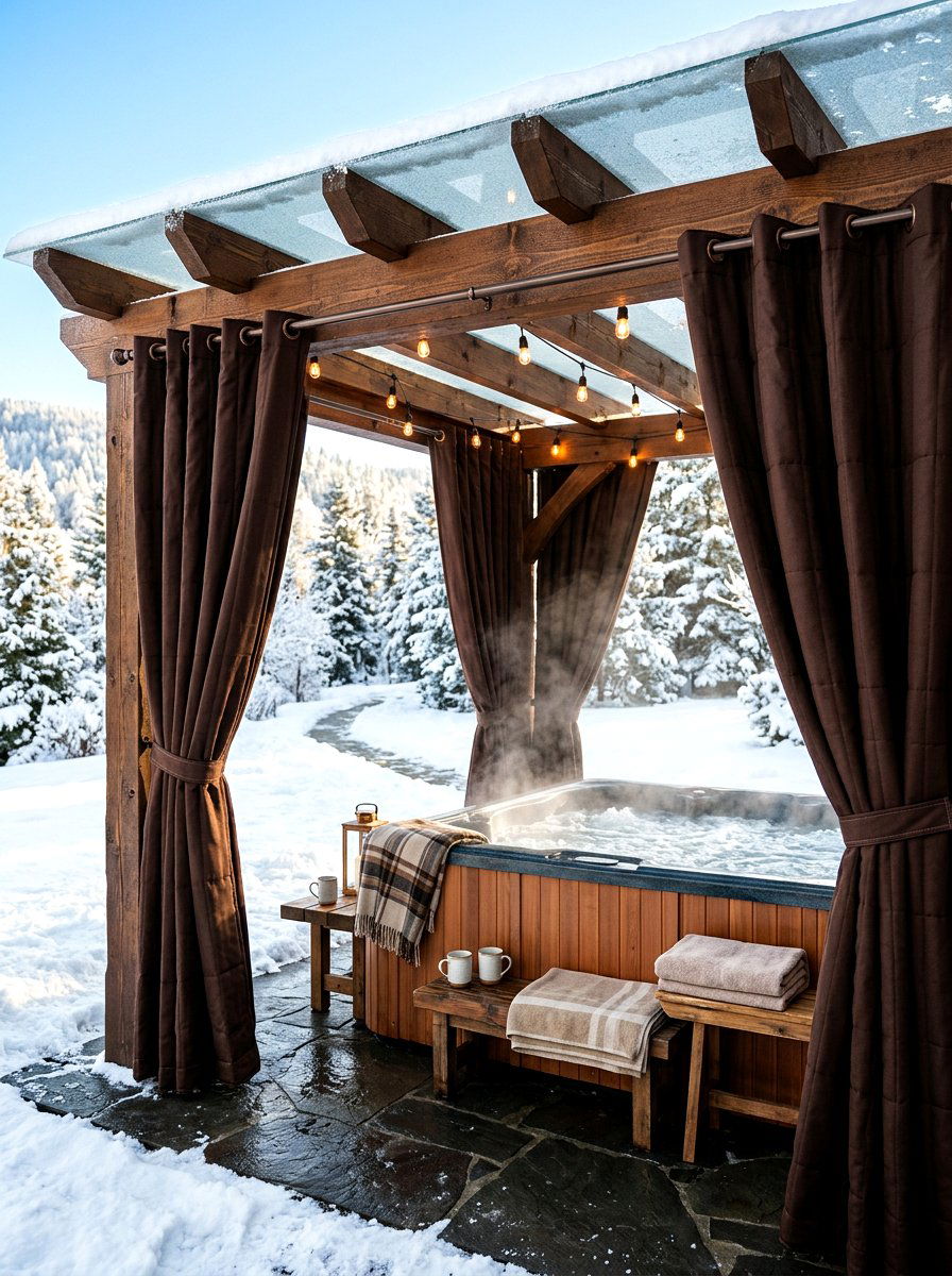 All weather thermal pergola nook - 30 pergola privacy curtain ideas