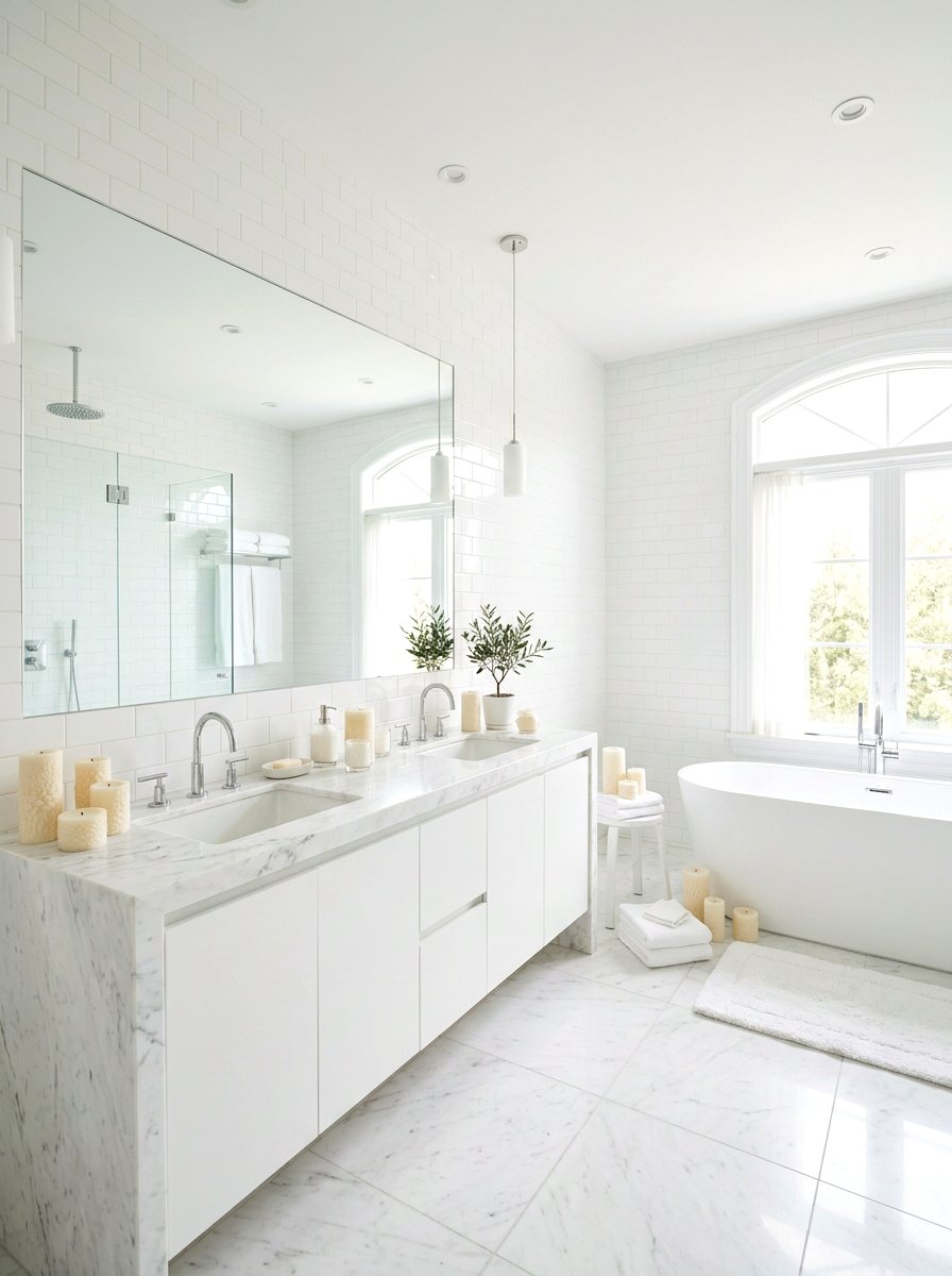 All white bathroom with ivory candles - 30 candlelit bathroom ideas