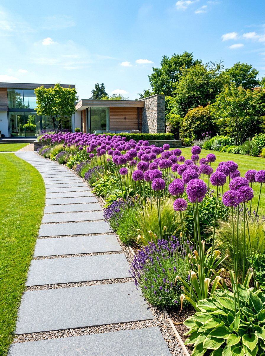 Allium architectural garden edge - 30 walkway border planting ideas