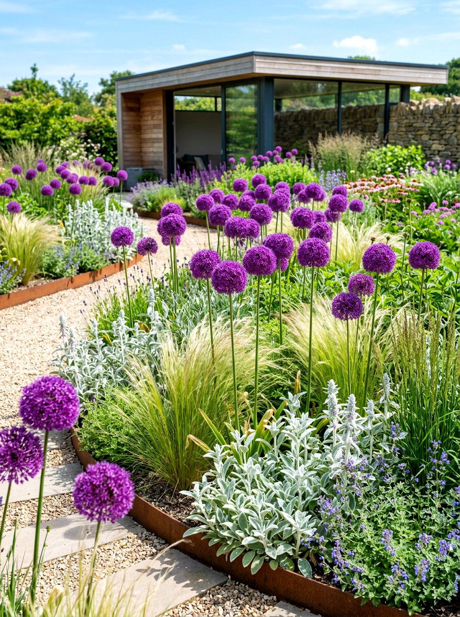 Allium flower bed - 30 purple flower garden ideas